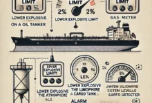 The image depicts a cross-section of a tanker with a gas meter device connected to a cargo tank. The meter is shown detecting gas concentration, with arrows indicating air sampling. The meter display highlights the Lower Explosive Limit (LEL) percentage, and an alarm system is triggered when unsafe gas levels are detected. Clear labels and arrows guide the viewer through the process, making it easy to understand. Suitable for educational purposes on tanker safety.