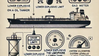 The image depicts a cross-section of a tanker with a gas meter device connected to a cargo tank. The meter is shown detecting gas concentration, with arrows indicating air sampling. The meter display highlights the Lower Explosive Limit (LEL) percentage, and an alarm system is triggered when unsafe gas levels are detected. Clear labels and arrows guide the viewer through the process, making it easy to understand. Suitable for educational purposes on tanker safety.